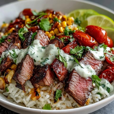 A colorful bowl of Steak, Avocado, and Roasted Corn Bowl with Cilantro Cream Sauce, featuring juicy sliced steak and charred kernels.