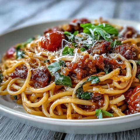 A hearty bowl of Italian Drunken Noodles features plump shrimp and blistered cherry tomatoes on a bed of linguine.