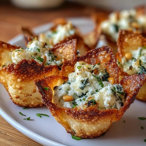 Bite-sized Mediterranean Spinach and Feta Cheese Crisps feature a golden wonton shell and vibrant green filling.