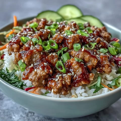 Sesame seeds and scallions garnish the vibrant turkey rice bowl, with lime wedges on the side for a fresh squeeze.
