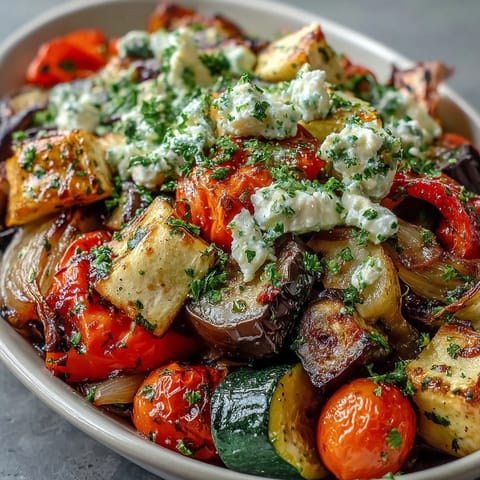 Freshly roasted Greek vegetables with eggplant, zucchini, and peppers, topped with crumbled feta and parsley, served from a baking sheet.