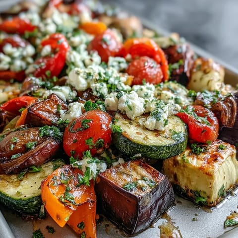 Golden roasted Mediterranean vegetables, including cherry tomatoes and red onion, glistening with olive oil and lemon juice, ready to serve warm.