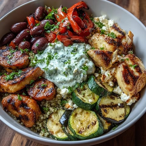 Grilled Healthy Grilled Mediterranean Bowl with charred zucchini, bell peppers, and halloumi over fluffy quinoa and a cooling tzatziki drizzle.