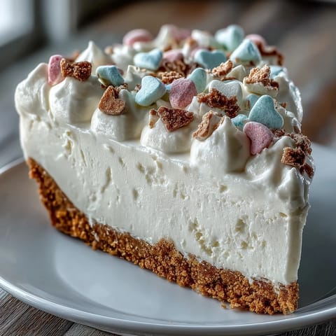 The finished Candy Hearts Fake Cake features a creamy, no-bake cheesecake slice on a graham cracker crust, topped with pink whipped frosting and crunchy conversation heart candies.