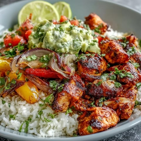 Golden-brown, smoky chipotle chicken and roasted peppers on fluffy rice, ready to serve.