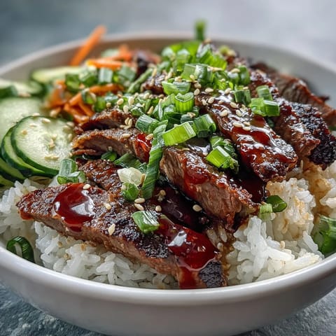 A vibrant Korean Beef Power Bowl with sesame-ginger marinated beef, fluffy rice, and colorful fresh toppings.