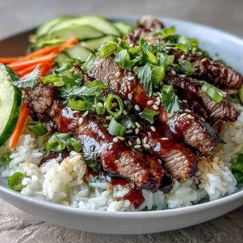 Freshly seared Korean Beef Power Bowl topped with spicy sriracha mayo, pickled carrots, and crisp cucumber slices.
