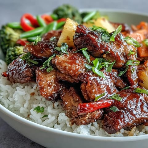 Golden-brown teriyaki chicken glazed in sweet sauce sits over fluffy rice with vibrant veggies and fresh pineapple garnish.