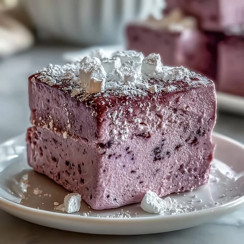 Perfectly set Black Currant Marshmallows dusted in powdered sugar, showcasing a vibrant purple hue and soft texture. 