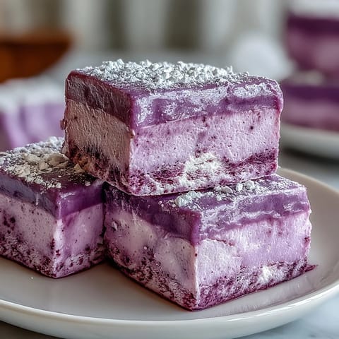 Close-up of fluffy Black Currant Marshmallows infused with tart fruit purée, ready to be enjoyed or dipped in hot cocoa. 