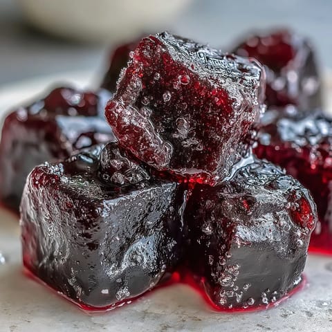 Glistening homemade Black Currant Gummies dusted with sugar, arranged on a cooling rack.