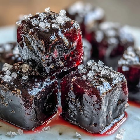 A platter of chewy Black Currant Gummies, garnished with fresh black currants and mint.