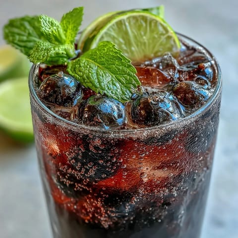 Tall glasses of vibrant Black Currant Mocktail filled with ice, topped with fresh mint and lime slices.