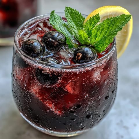 A chilled glass of Black Currant It Berry Celebration Drink topped with fresh berries and mint leaves, showcasing a rich purple hue.