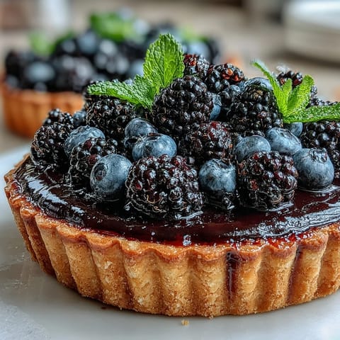 Freshly baked Black Currant Fruit Tart with a golden, flaky crust and vibrant berry garnish on a rustic table.