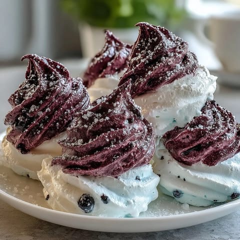 Frosted Black Currant Meringues on a cooling rack with a vibrant purple swirl, delicate and crisp.