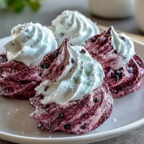 Stack of gluten-free Black Currant Meringues with a light, airy texture, perfect with afternoon tea.
