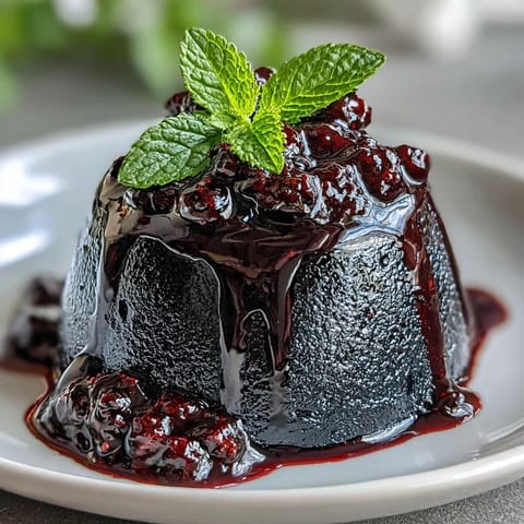 Silky Italian panna cotta infused with tangy black currant puree and topped with glossy berry glaze.  