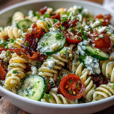 Vibrant Lemon Vinaigrette Pasta Salad with cucumbers, cherry tomatoes, and fresh herbs in a tangy lemon dressing.