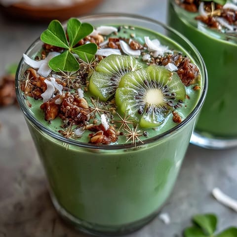 Vibrant green shamrock protein smoothie bowl with kiwi shamrock design, chia seeds, and granola for a festive St. Patrick's Day breakfast.