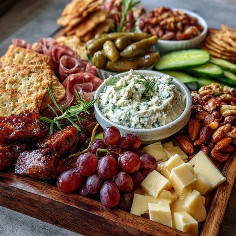 Housewarming Party Charcuterie Board with Dips and Crackers: A colorful spread of cured meats, cheeses, fresh fruits, and assorted dips arranged artfully for a festive gathering.
