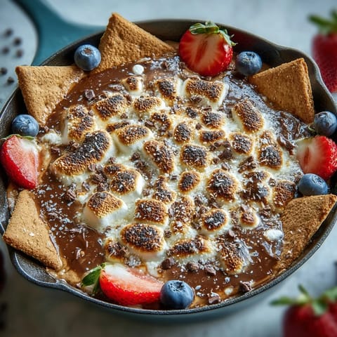 Gooey smores dip bubbling with melted chocolate and toasted marshmallows in a cast iron skillet, perfect for 4th of July celebrations.