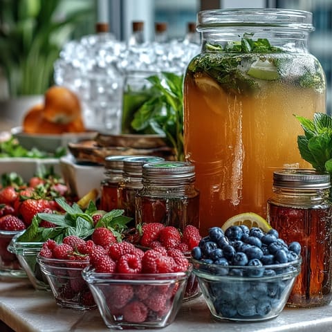 Festive lemonade bar with fresh fruit and herb add-ins for a customizable graduation party drink station.