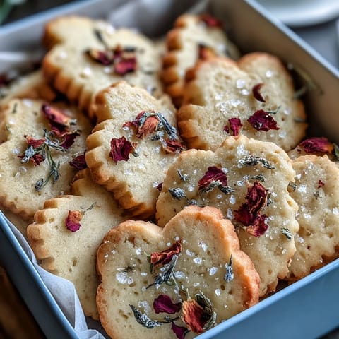 A box of delicate floral shortbread cookies, each topped with edible flowers and a sprinkle of sugar for a sweet finish.