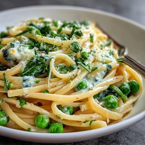 Creamy lemon pasta with peas and spinach, bright citrus aroma and fresh green garnish.