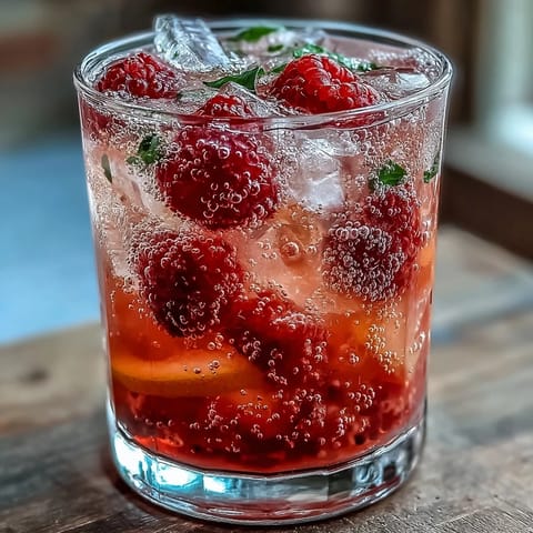 Refreshing raspberry lemon spritz mocktail with vibrant red berries and fresh mint, served over ice in clear glasses.
