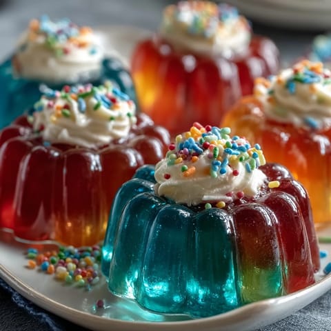 Rainbow Jello Cups for Kids: Vibrant, layered dessert in clear cups with colorful fruity Jello and fluffy whipped cream topping.