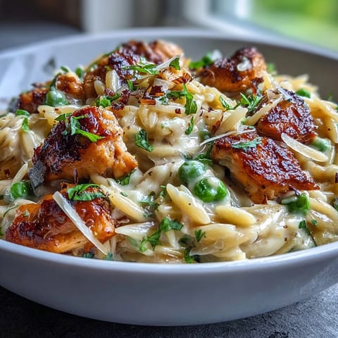 Cheesy, lemony orzo with tender chicken and sweet peas, a quick, easy dinner.