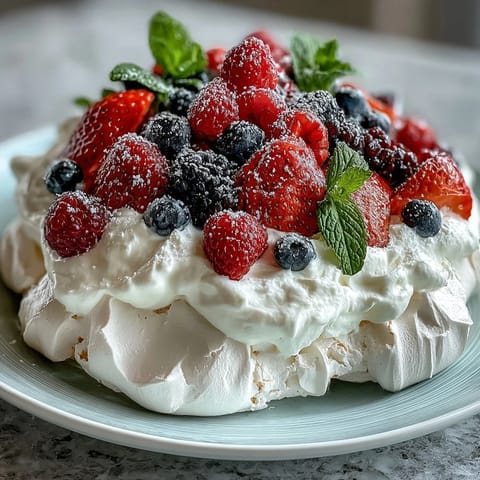 Elegant pavlova with fresh berries and cream, featuring crisp meringue shell and fluffy whipped topping.