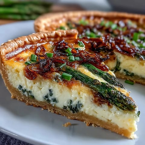 Spring Asparagus Quiche with caramelized shallots and Gruyère in a golden, flaky crust, perfect for brunch.