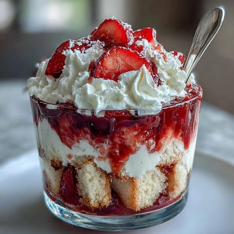 Beautiful layers of vanilla cake, fresh strawberries, and whipped cream create a showstopping Strawberry Shortcake Trifle dessert.  