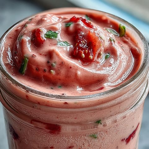 Creamy strawberry spinach smoothie swirled with vibrant green and red.