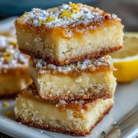 A tray of lemon bar cookies with a soft sugar cookie base, tangy lemon curd filling, and a dusting of powdered sugar for a sweet-tart treat.