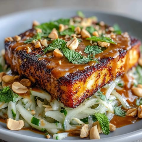 Vibrant Thai Mango Salad with crispy tofu and peanut sauce, bursting with fresh flavors.