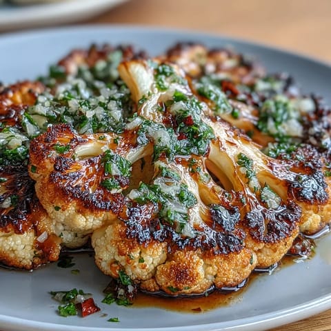 Smoky BBQ cauliflower steaks generously topped with vibrant, fresh chimichurri sauce.