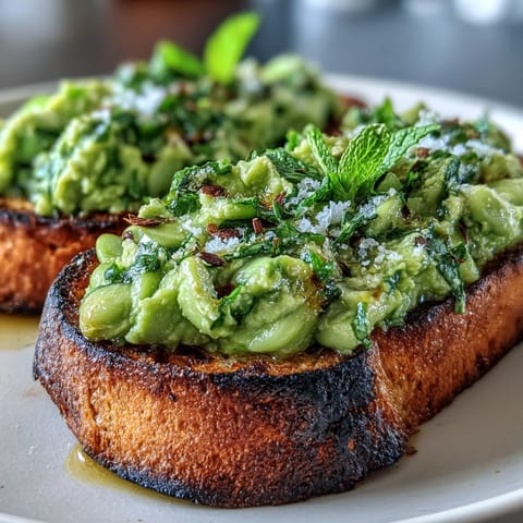 Vibrant fava bean and mint bruschetta topping grilled sourdough, a fresh spring appetizer.