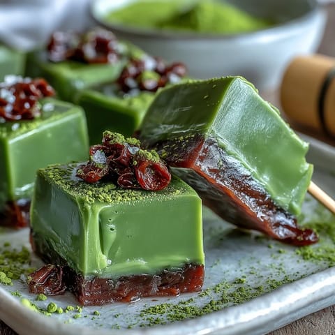 Glistening Yokan layers of ruby red bean and emerald matcha, a perfect sweet Japanese treat.
