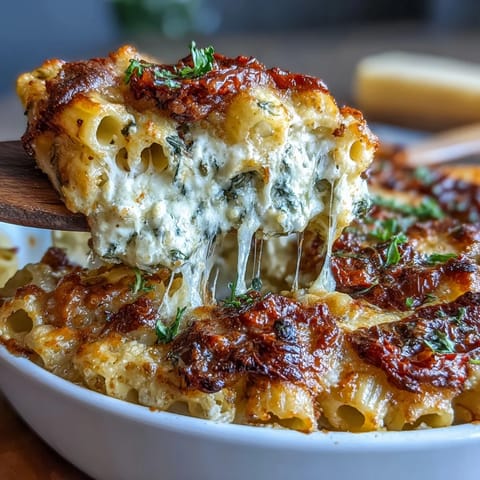 Bubbling sun-dried tomato pasta bake with melted mozzarella and fresh basil topping.