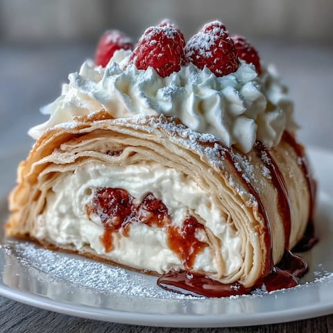 A stunning crepe roll cake layered with whipped cream and fresh berries, ready for slicing.  