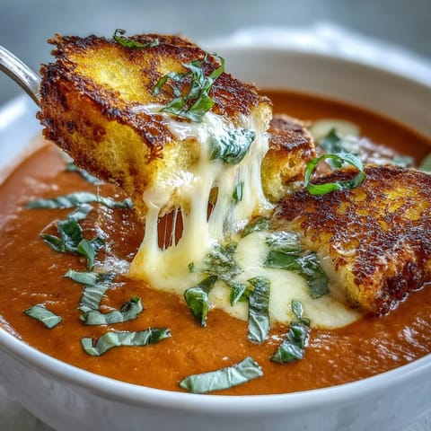 Creamy Tomato Basil Soup with Grilled Cheese Croutons in a white bowl, garnished with fresh basil leaves and golden croutons.  