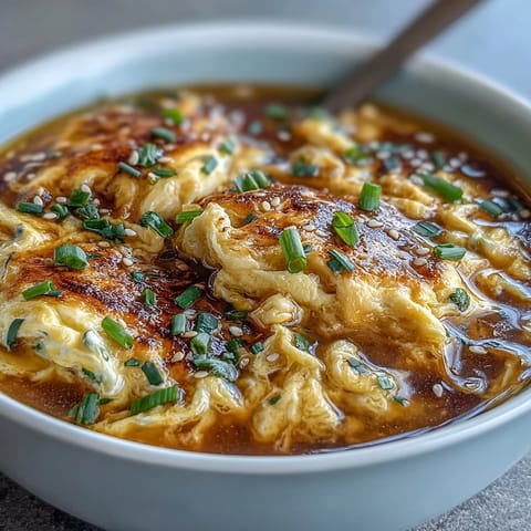 A steaming bowl of homemade egg drop soup with delicate egg ribbons swirling in savory broth, garnished with fresh scallions and a sprinkle of sesame seeds.  