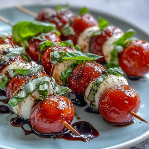 Colorful Caprese skewers appetizer, drizzled with sweet balsamic glaze, ready for serving.