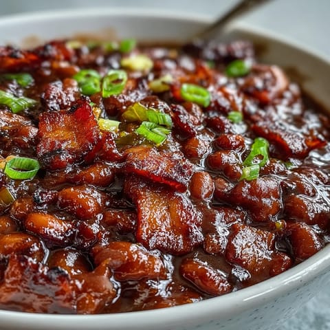 Close-up of bubbling Juneteenth BBQ baked beans with glistening bacon pieces.