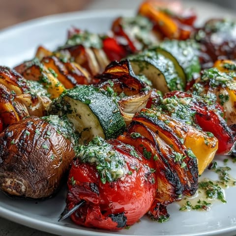 Colorful grilled veggie kabobs with vibrant chimichurri sauce, ready for grilling.