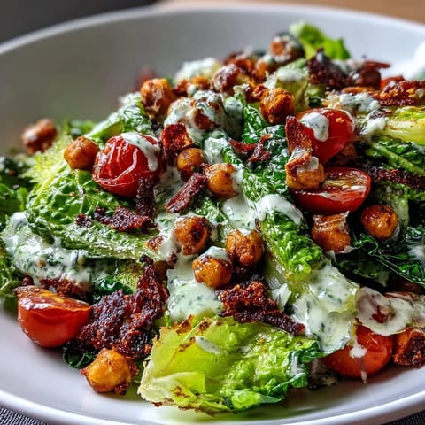 Vegan Caesar Salad with crispy chickpea croutons, drizzled in creamy dressing.