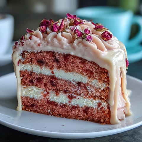 Delicate rosé wine cake, beautifully adorned with a cascade of liquid gold.